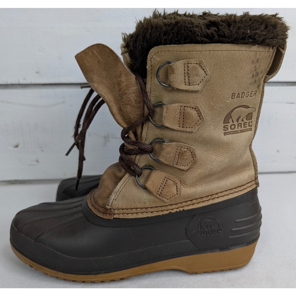 Sorel Womens 8 Tan Leather Rubber Pac Winter Snow Boots Removable Felt Liners - Picture 9 of 11